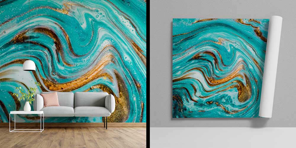 Altın Dokulu Turkuaz Soyut Akışkan Sanat Duvar Kağıdı 11628