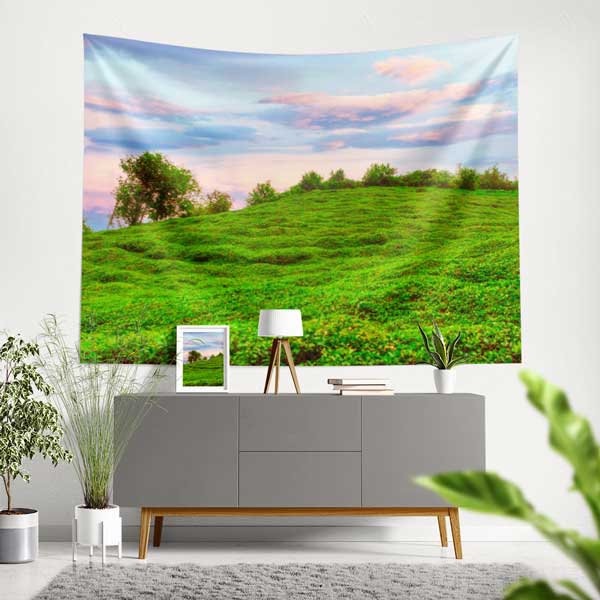 Yeşil Tepeler ve Sakin Gökyüzü Manzaralı Duvar Örtüsü Kumaş Baskı 11765