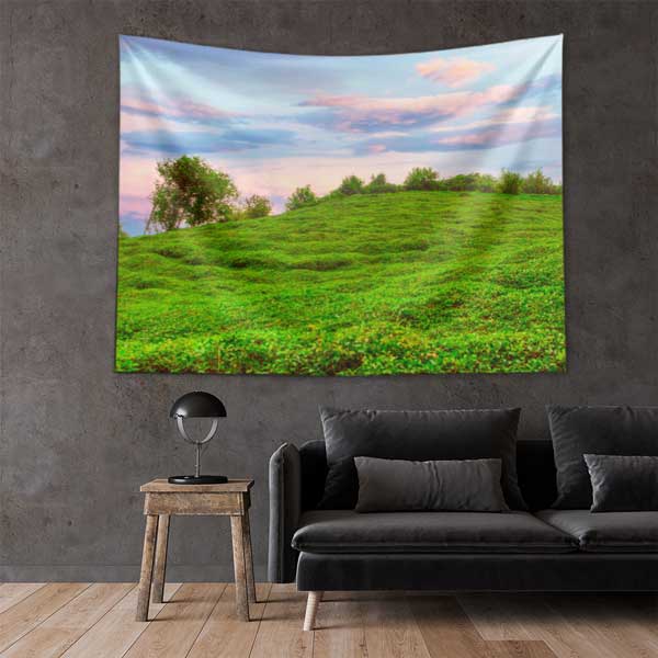 Yeşil Tepeler ve Sakin Gökyüzü Manzaralı Duvar Örtüsü Kumaş Baskı 11765
