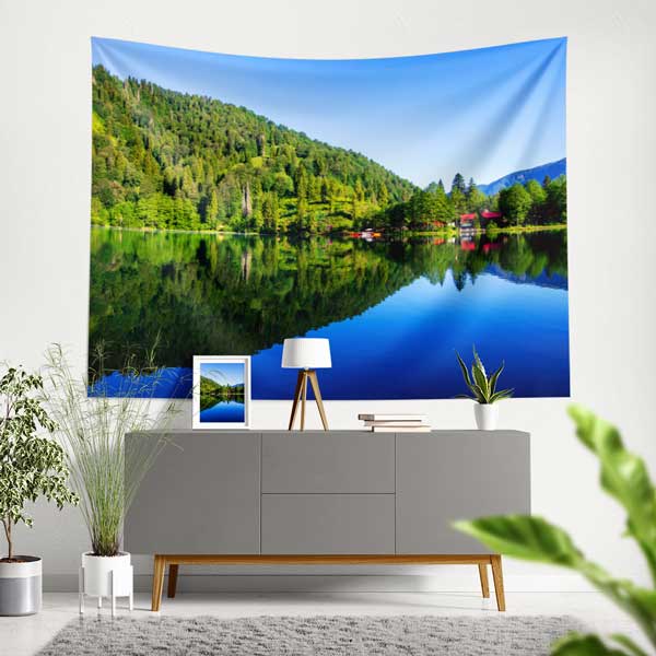 Yeşil Orman ve Göl Yansıması Manzaralı Duvar Örtüsü Kumaş Baskı 11768