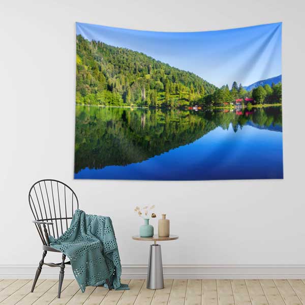 Yeşil Orman ve Göl Yansıması Manzaralı Duvar Örtüsü Kumaş Baskı 11768