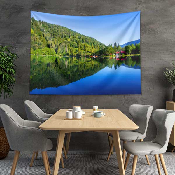 Yeşil Orman ve Göl Yansıması Manzaralı Duvar Örtüsü Kumaş Baskı 11768