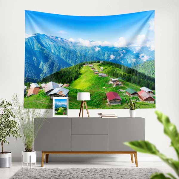 Dağ Yaylası ve Yeşil Tepeler Manzaralı Duvar Örtüsü Kumaş Baskı 11769