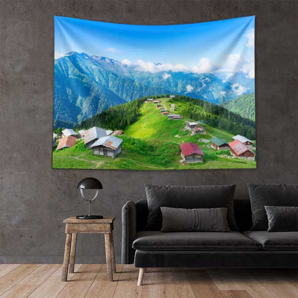 Dağ Yaylası ve Yeşil Tepeler Manzaralı Duvar Örtüsü Kumaş Baskı 11769