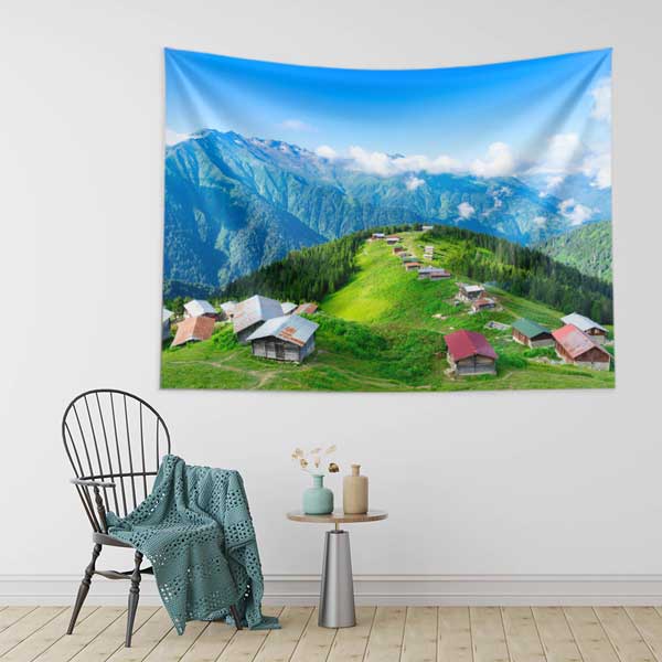 Dağ Yaylası ve Yeşil Tepeler Manzaralı Duvar Örtüsü Kumaş Baskı 11769