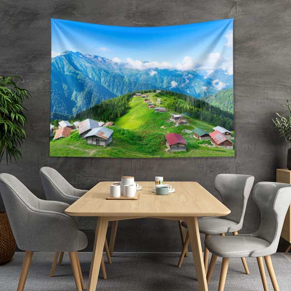 Dağ Yaylası ve Yeşil Tepeler Manzaralı Duvar Örtüsü Kumaş Baskı 11769
