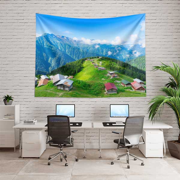 Dağ Yaylası ve Yeşil Tepeler Manzaralı Duvar Örtüsü Kumaş Baskı 11769