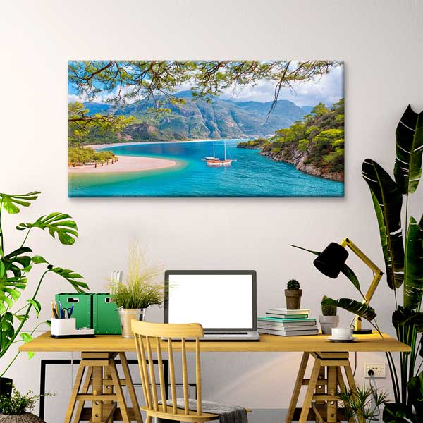 Turkuaz Koy ve Dağ Manzarası Kanvas Tablo 12047