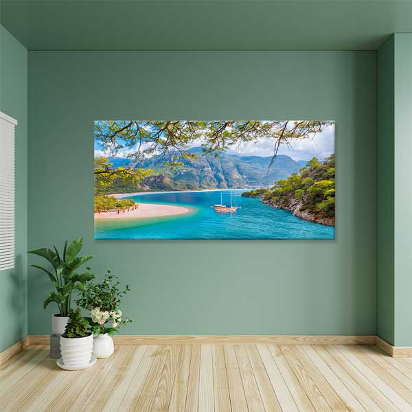 Turkuaz Koy ve Dağ Manzarası Kanvas Tablo 12047