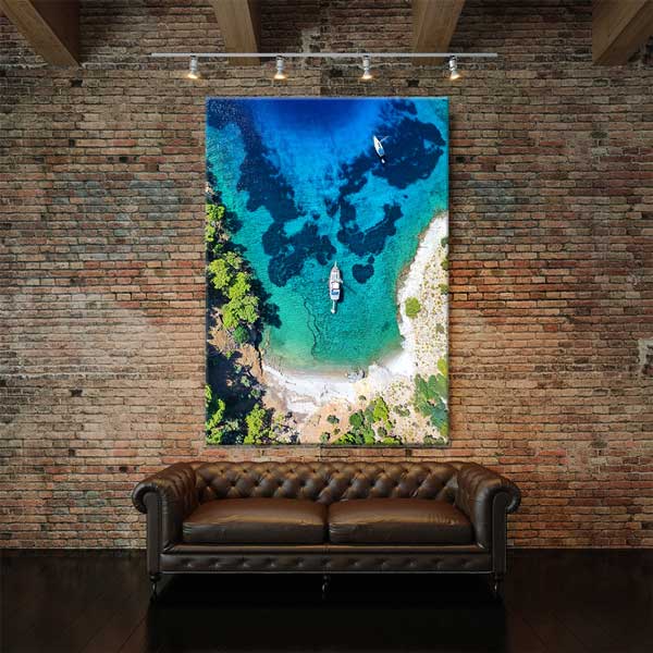 Turkuaz Koy ve Demirli Tekneler Manzarası Kanvas Tablo 12061