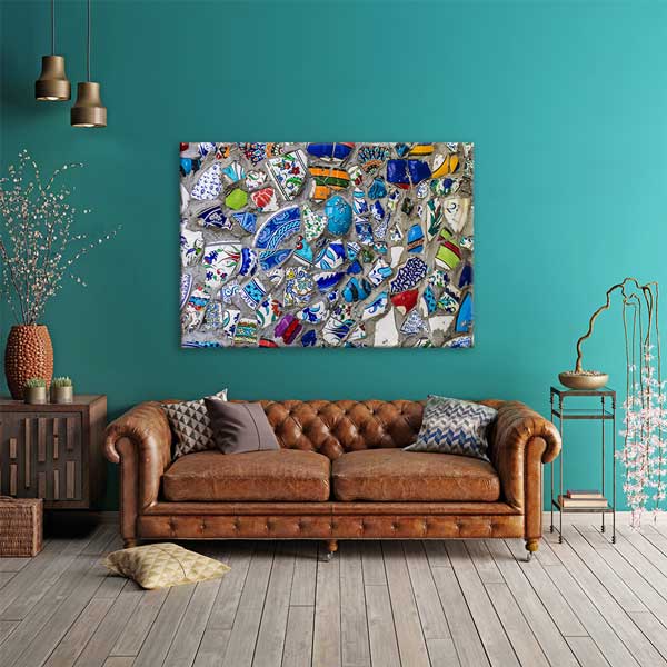 Geleneksel Türk Çini Kolaj Desenli Mavi Ağırlıklı Duvar Tablosu Kanvas Tablo 12138