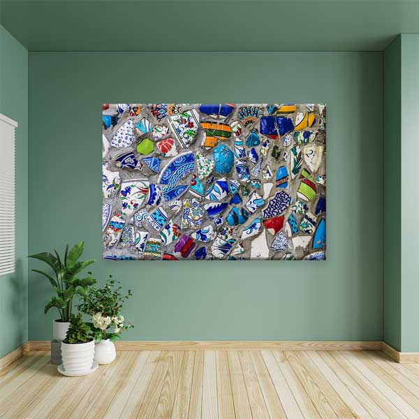 Geleneksel Türk Çini Kolaj Desenli Mavi Ağırlıklı Duvar Tablosu Kanvas Tablo 12138