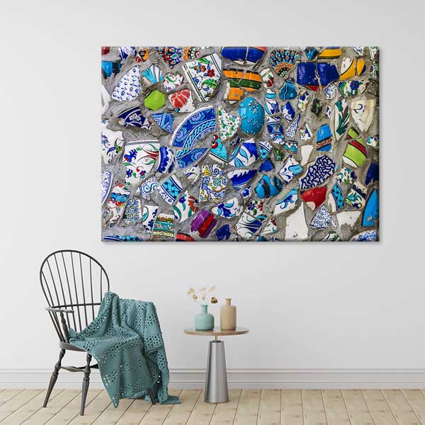 Geleneksel Türk Çini Kolaj Desenli Mavi Ağırlıklı Duvar Tablosu Kanvas Tablo 12138