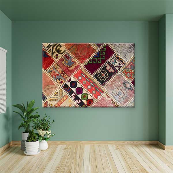 Geleneksel Anadolu Parça Kilim Kolaj Desenli Duvar Tablosu Kanvas Tablo 12143