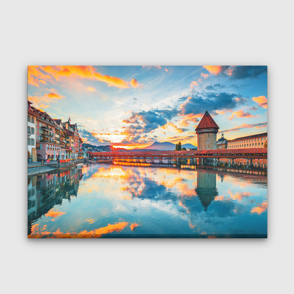 Luzern Kapellbrücke ve Su Kulesi Gün Batımı Kanvas Tablo 13482