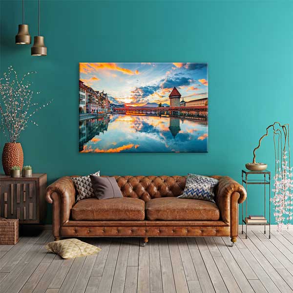 Luzern Kapellbrücke ve Su Kulesi Gün Batımı Kanvas Tablo 13482