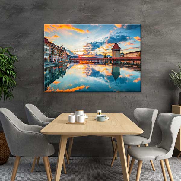 Luzern Kapellbrücke ve Su Kulesi Gün Batımı Kanvas Tablo 13482