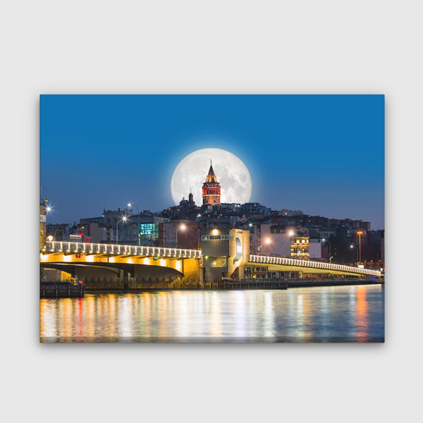Galata Köprüsü ve Dolunay Manzaralı Galata Kulesi Kanvas Tablo 12070