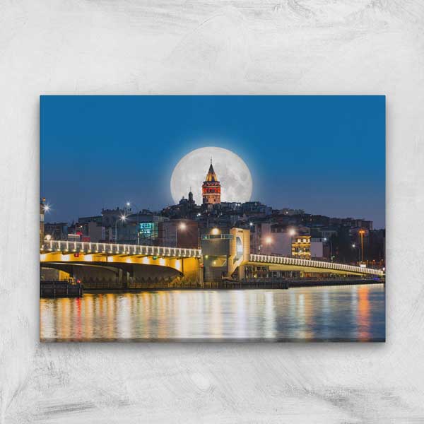 Galata Köprüsü ve Dolunay Manzaralı Galata Kulesi Kanvas Tablo 12070