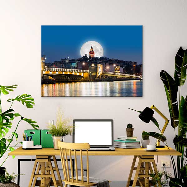 Galata Köprüsü ve Dolunay Manzaralı Galata Kulesi Kanvas Tablo 12070