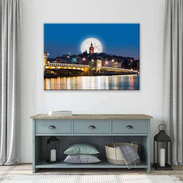 Galata Köprüsü ve Dolunay Manzaralı Galata Kulesi Kanvas Tablo 12070