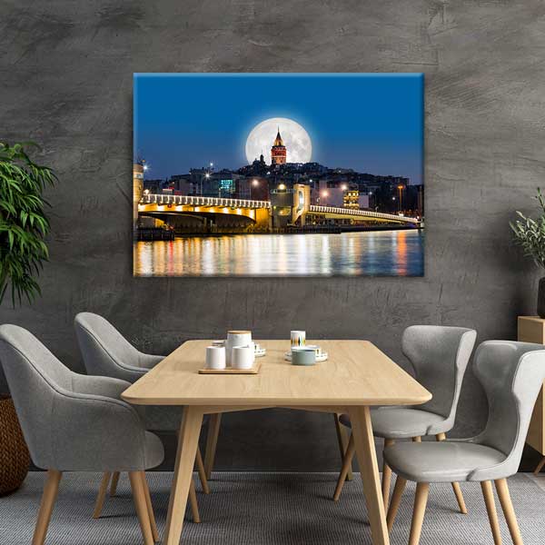 Galata Köprüsü ve Dolunay Manzaralı Galata Kulesi Kanvas Tablo 12070