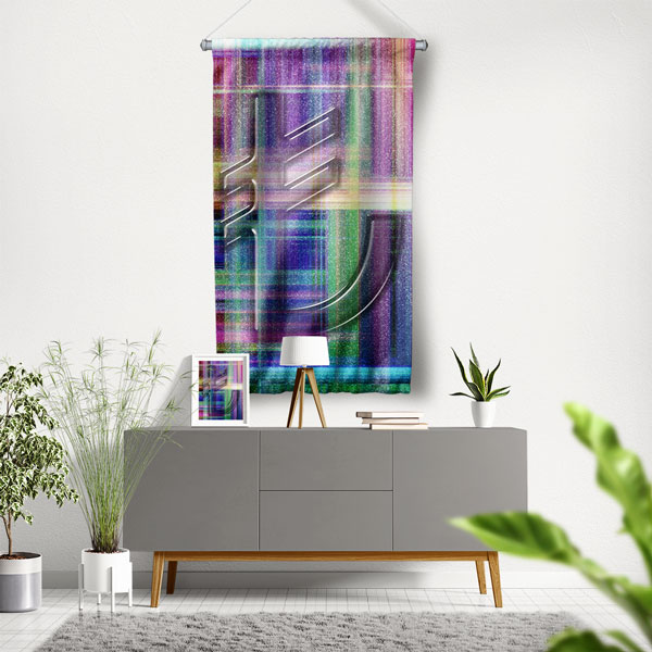 Renkli Geometrik Euro Sembolü Tasarımlı Duvar Flaması Kumaş Baskı 5359