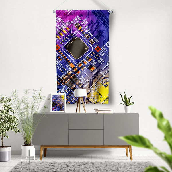 Renkli Devre Kartı ve Mikroçip Tasarımlı Duvar Flaması 5509