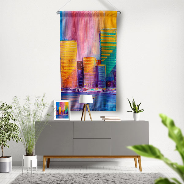 Renkli Şehir Silüeti Desenli Duvar Flaması Kumaş Baskı 5620