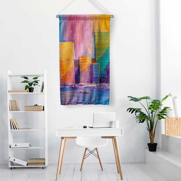 Renkli Şehir Silüeti Desenli Duvar Flaması Kumaş Baskı 5620