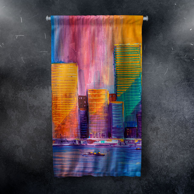 Renkli Şehir Silüeti Desenli Duvar Flaması Kumaş Baskı 5620