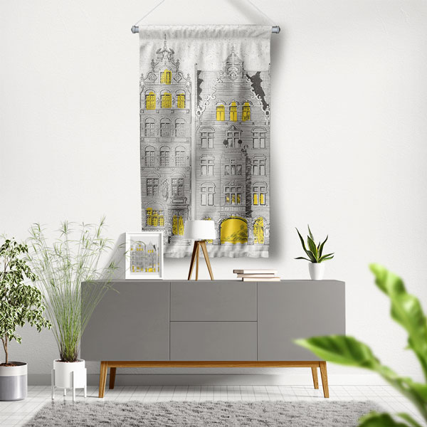 Tarihi Bina Çizimli Dekoratif Duvar Flaması Kumaş Baskı 5621