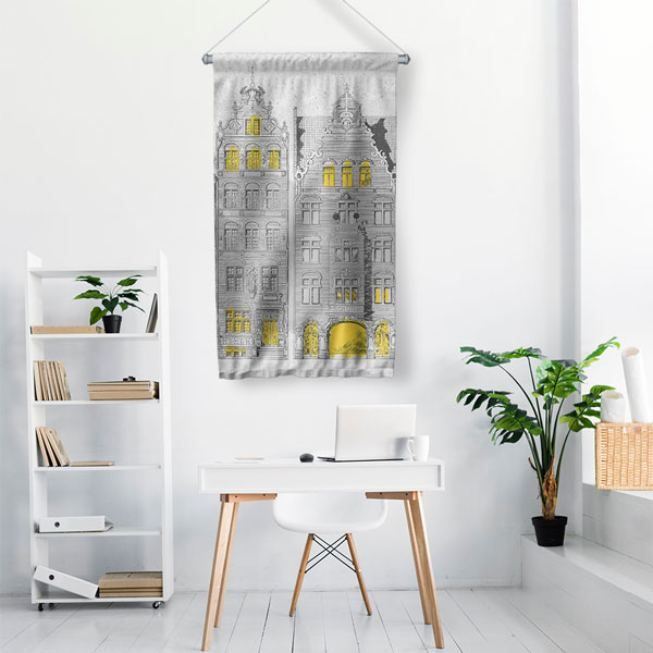 Tarihi Bina Çizimli Dekoratif Duvar Flaması Kumaş Baskı 5621