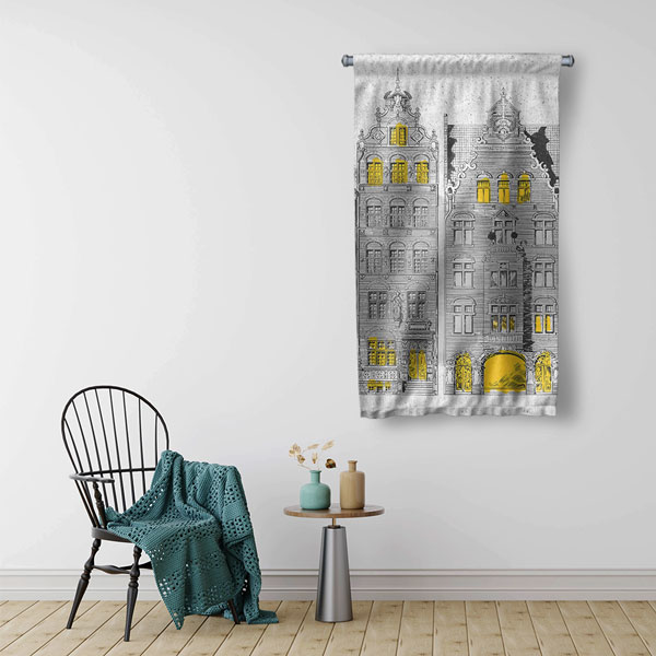 Tarihi Bina Çizimli Dekoratif Duvar Flaması Kumaş Baskı 5621