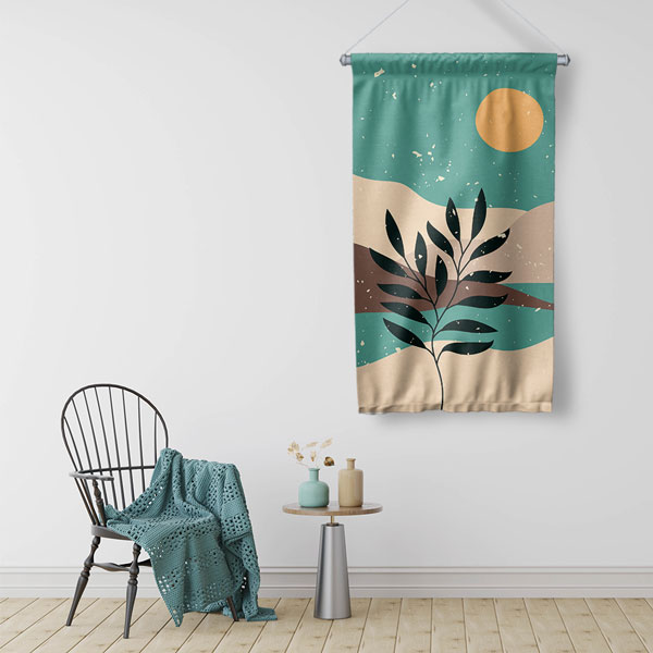 Minimal Güneş ve Yaprak Figürlü Duvar Flaması 6290