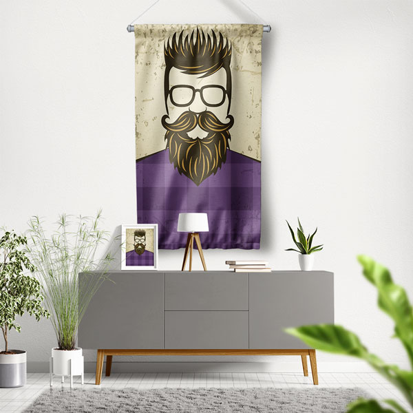 Retro Tarz Sakallı Erkek İllüstrasyonlu Mor Berber Duvar Flaması Kumaş Baskı 5771