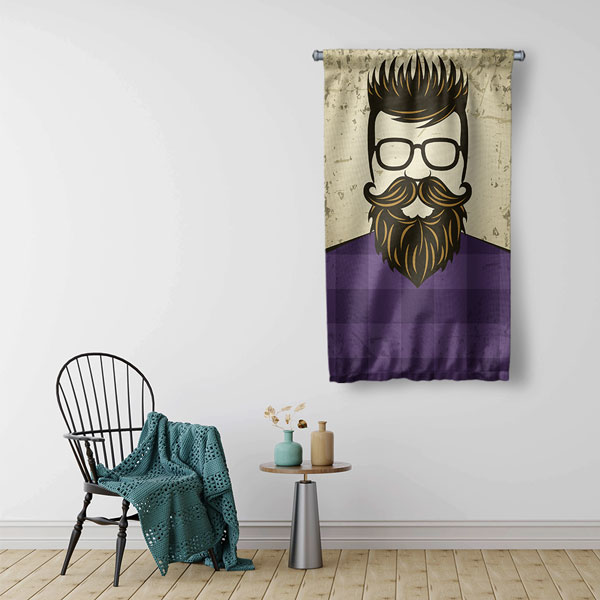 Retro Tarz Sakallı Erkek İllüstrasyonlu Mor Berber Duvar Flaması Kumaş Baskı 5771