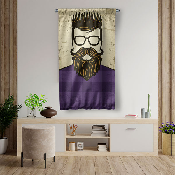 Retro Tarz Sakallı Erkek İllüstrasyonlu Mor Berber Duvar Flaması Kumaş Baskı 5771