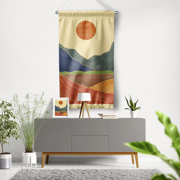 Minimal Güneşli Dağ Manzaralı Duvar Flaması 6300