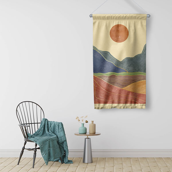 Minimal Güneşli Dağ Manzaralı Duvar Flaması 6300