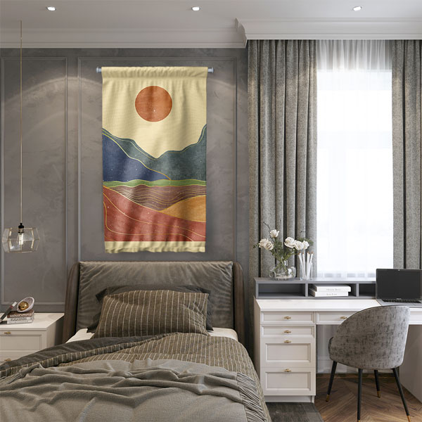 Minimal Güneşli Dağ Manzaralı Duvar Flaması 6300