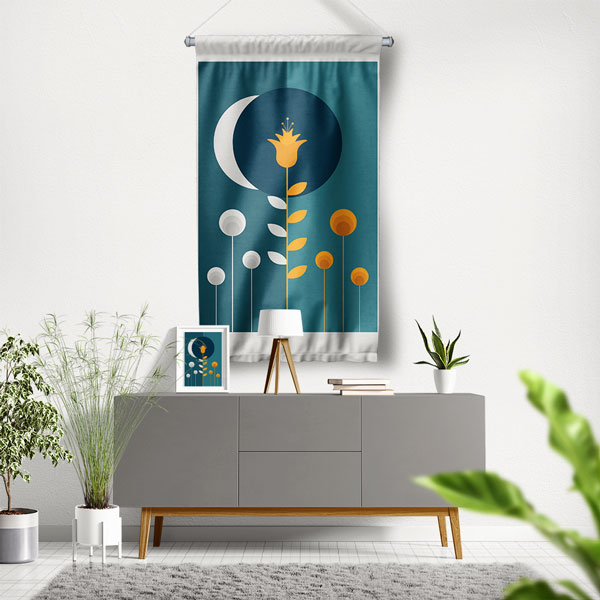 Minimal Ay ve Çiçek Figürlü Duvar Flaması 6307