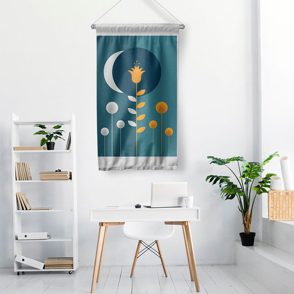 Minimal Ay ve Çiçek Figürlü Duvar Flaması 6307