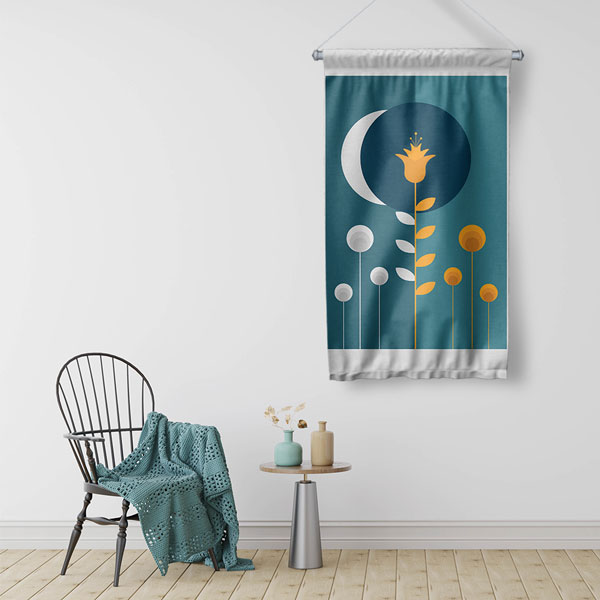 Minimal Ay ve Çiçek Figürlü Duvar Flaması 6307