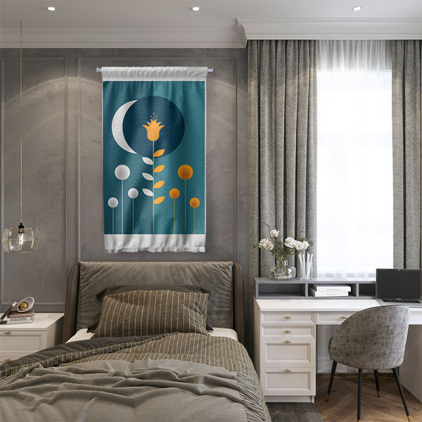 Minimal Ay ve Çiçek Figürlü Duvar Flaması 6307