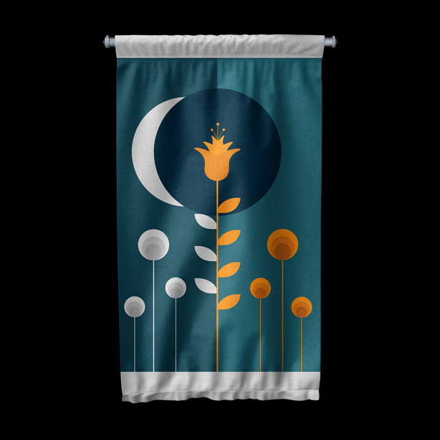 Minimal Ay ve Çiçek Figürlü Duvar Flaması 6307