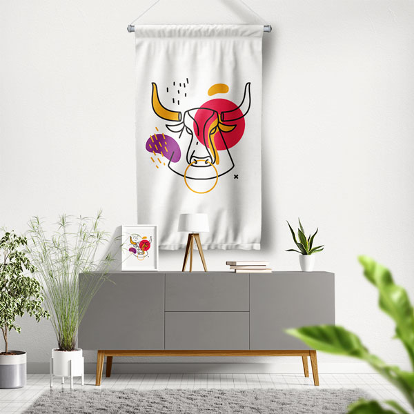 Renkli Soyut Boğa Tasarımlı Minimal Duvar Flaması 6309