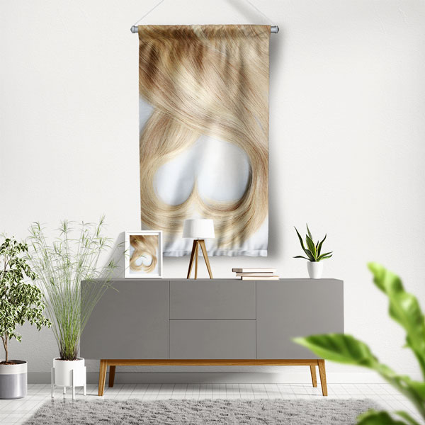 Sarı Saç Kalp Formu Tasarımlı Kuaför Duvar Flaması Kumaş Baskı 5761