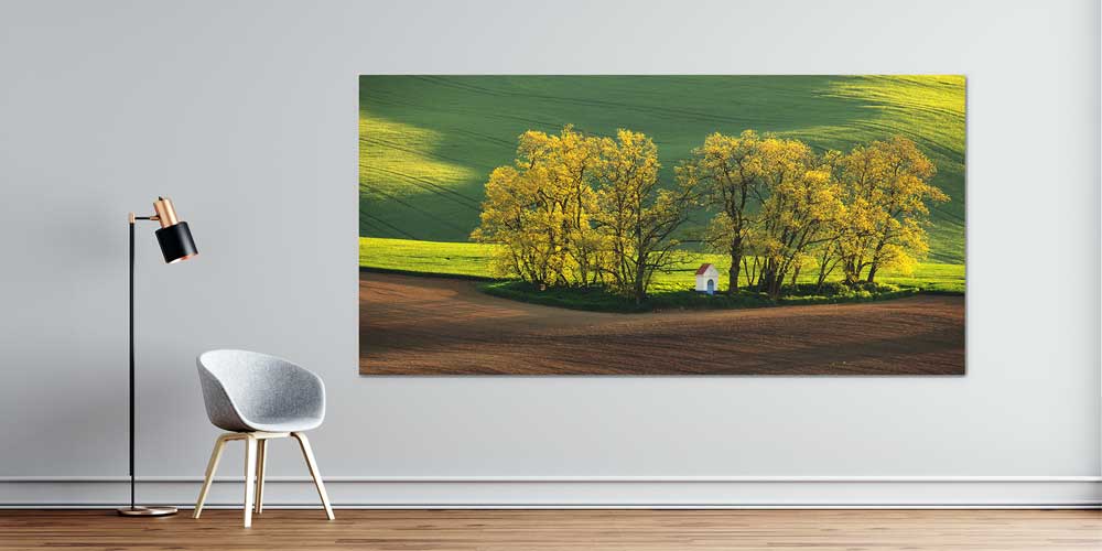 Küçük Beyaz Kulübe ve Altın Tonlu Ağaçlar Büyük Ebat Duvar Dekoru 14216