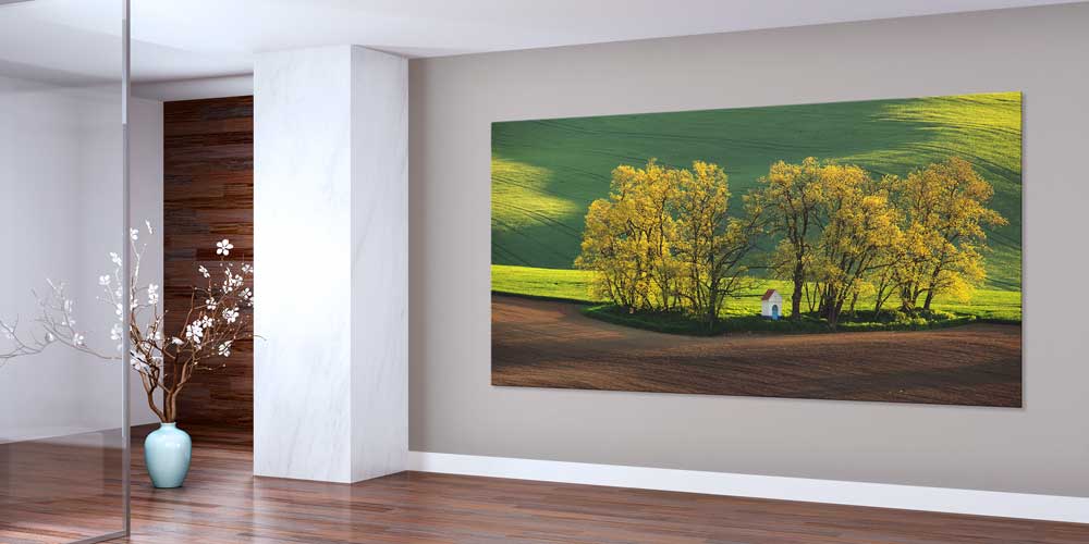Küçük Beyaz Kulübe ve Altın Tonlu Ağaçlar Büyük Ebat Duvar Dekoru 14216